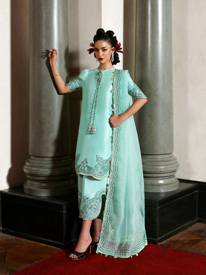 Pure Raw Silk Sea Green Embroidered Dress - WW309