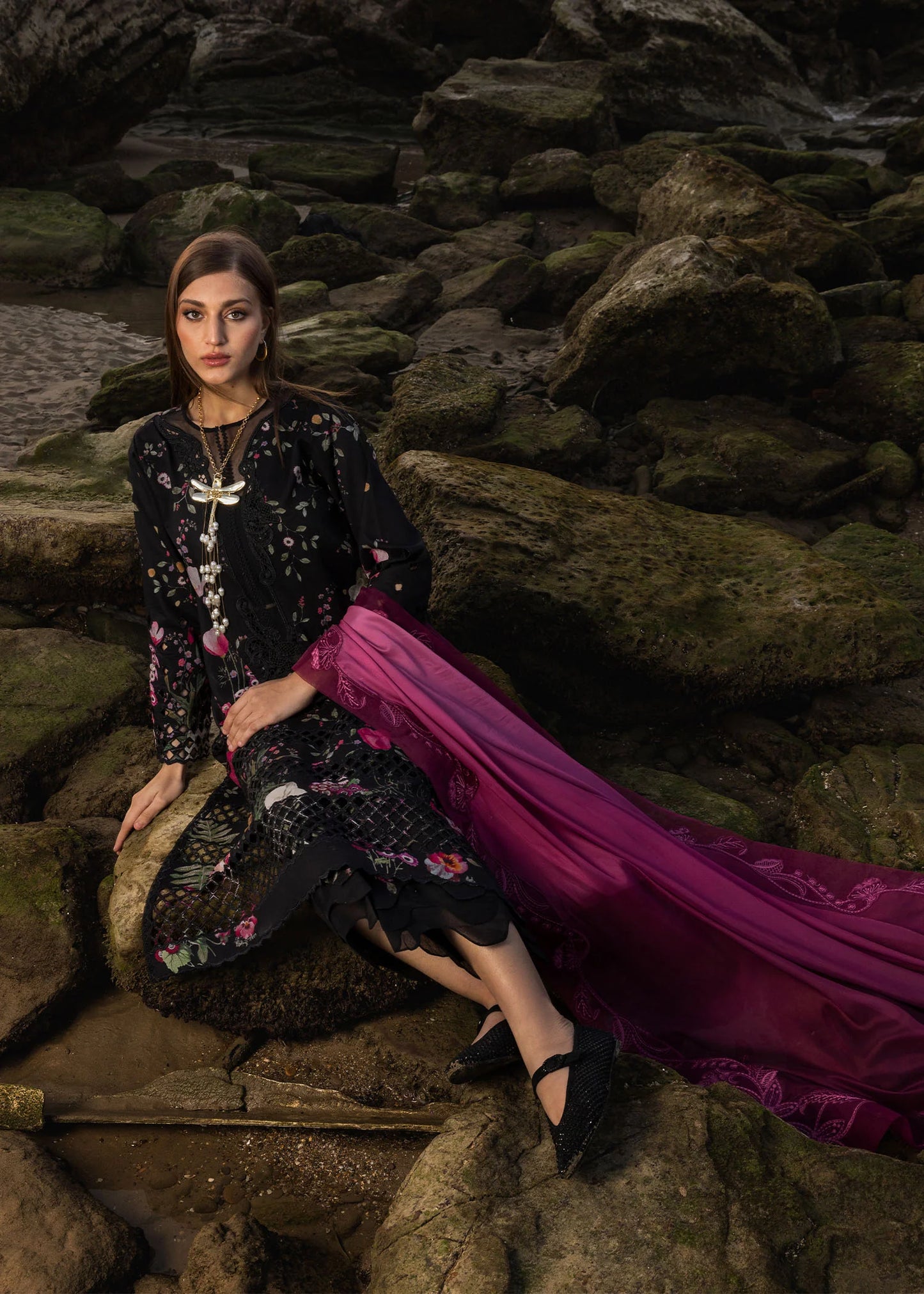 Pure Swiss Lawn Black Chickenkari Dress - LL382
