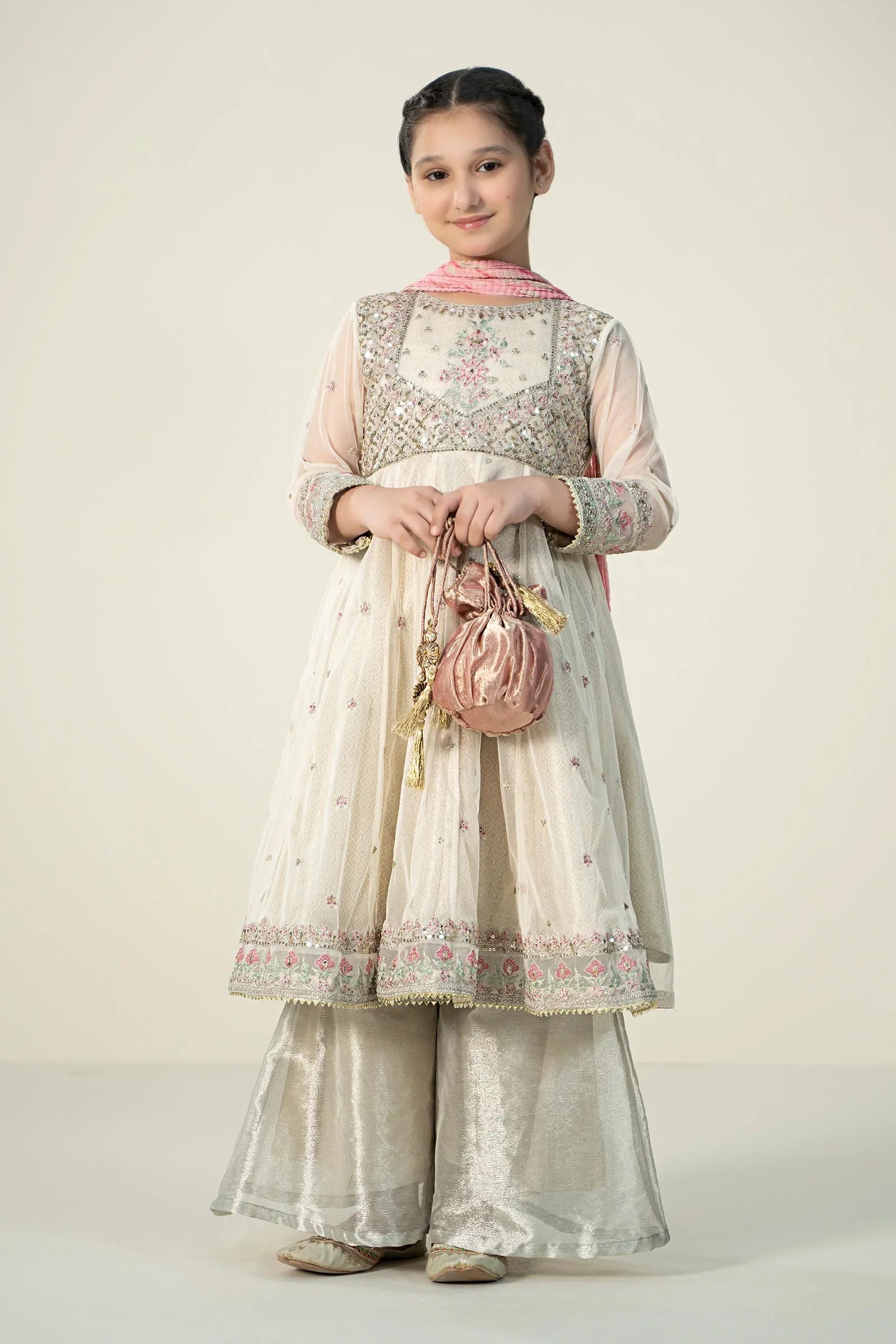 Pure Chiffon Embroidered Pearl White Kids Outfit - RS003