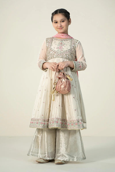 Pure Chiffon Embroidered Pearl White Kids Outfit - RS003