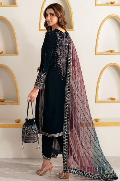 Pure Velvet Navy Blue Embroidered Dress - VC018
