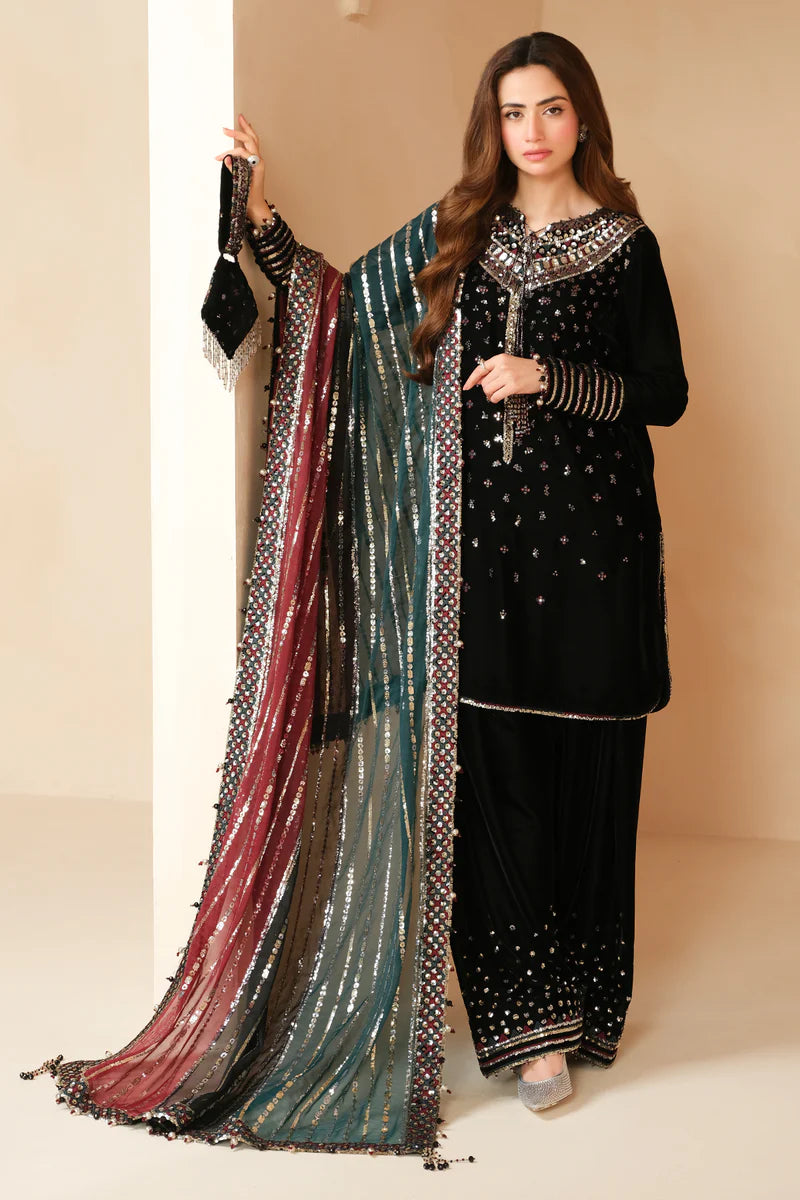 Pure Velvet Black Embroidered Dress - VC017