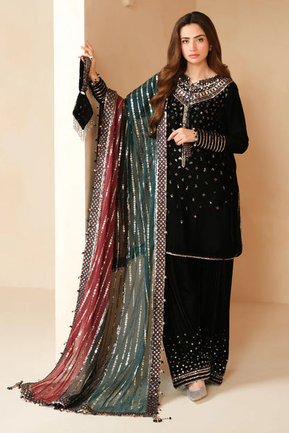 Pure Velvet Black Embroidered Dress - VC017