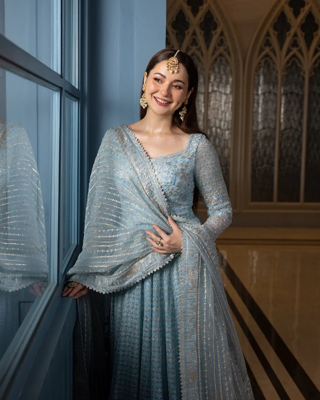Pure Chiffon Blue Embroidered Wedding Maxi Dress - WW503