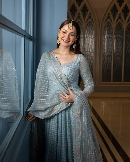 Pure Chiffon Blue Embroidered Wedding Maxi Dress - WW503