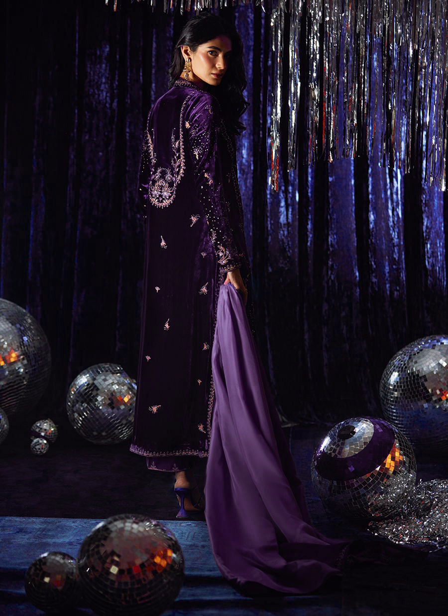 Pure Velvet Purple Embroidered Dress - VC027