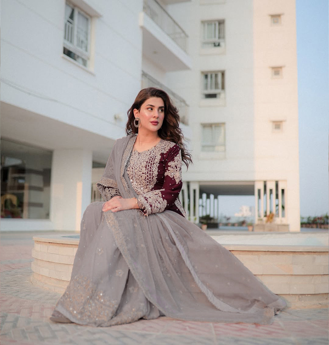 Pure Velvet Mahroon Embroidered Dress - VC014