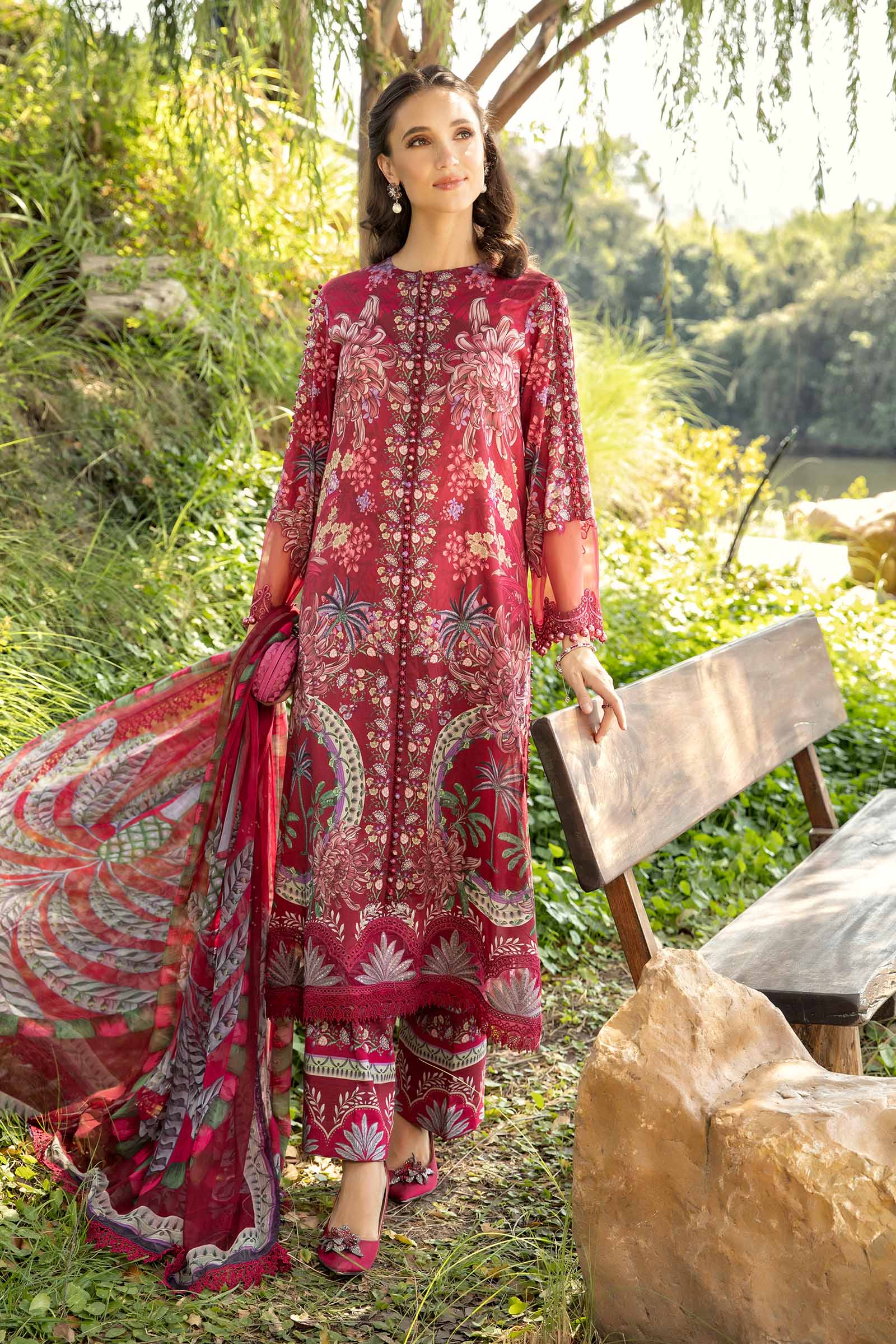 Pure Lawn Red Embroidered Dress - LL374