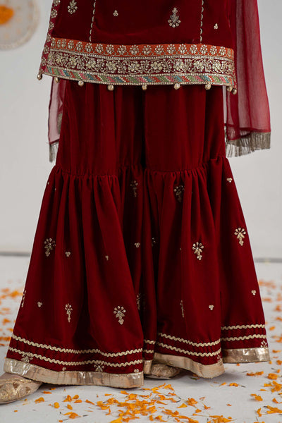 Pure Chiffon Embroidered Mahroon Kids Outfit - RS006