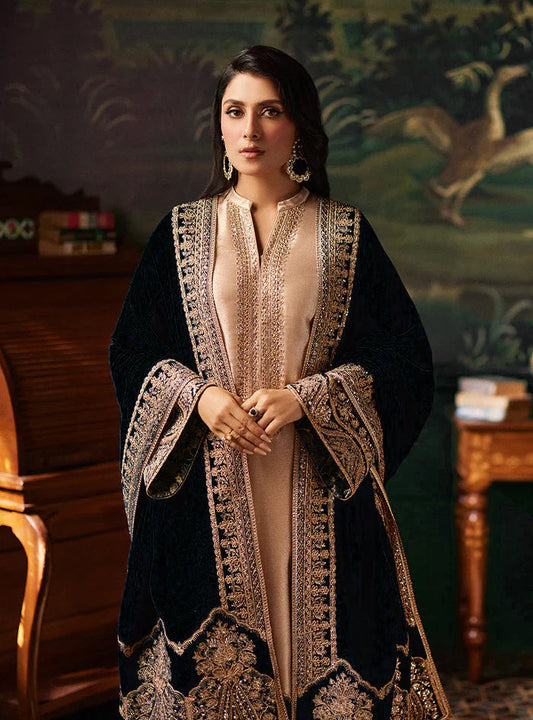 Pure Mysoori Embroidered Dress with Black Velvet Shawl - VC024