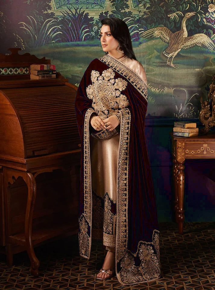 Pure Mysoori Embroidered Dress with Mahroon Velvet Shawl - VC025