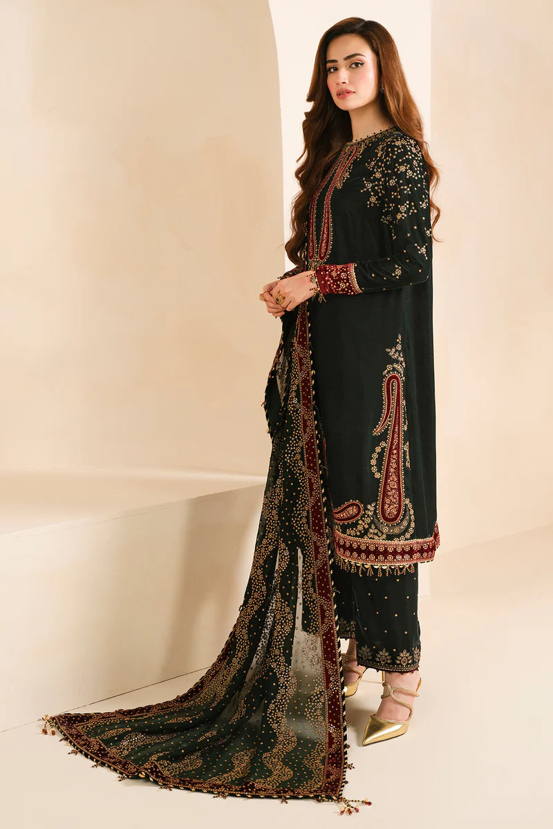 Pure Velvet Bottle Green Embroidered Dress - VC001