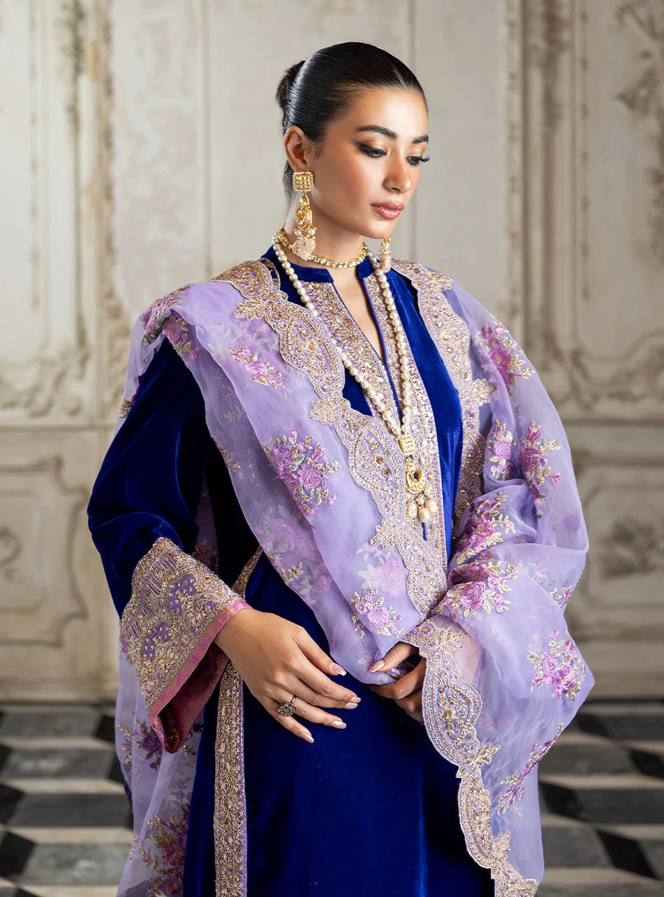 Pure Velvet Royal Blue Embroidered Dress With Hand Bag - VC018