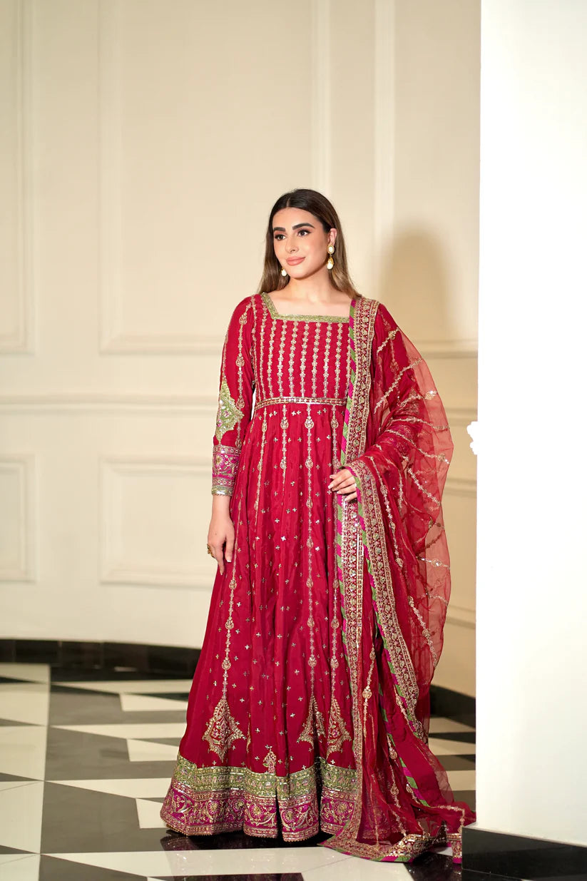 Pure Chiffon Red Embroidered Maxi Dress - WW308