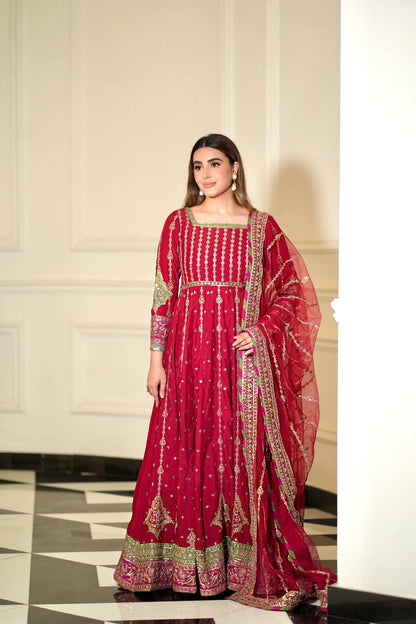 Pure Chiffon Red Embroidered Maxi Dress - WW308