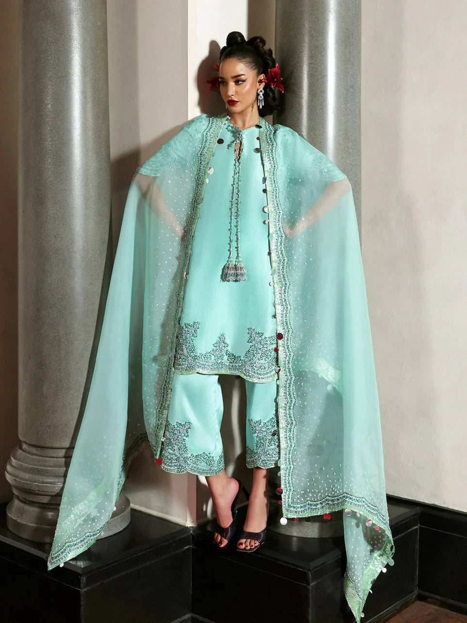Pure Raw Silk Sea Green Embroidered Dress - WW309