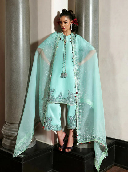 Pure Raw Silk Sea Green Embroidered Dress - WW309