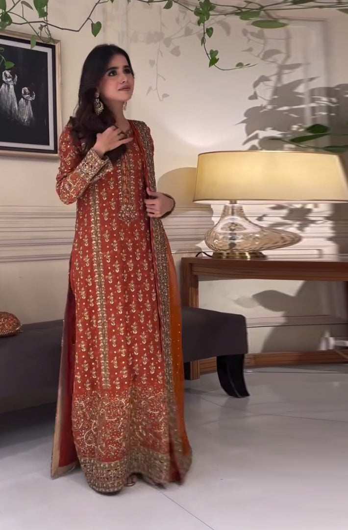 Pure Chiffon Rust Embroidered Dress - WW287