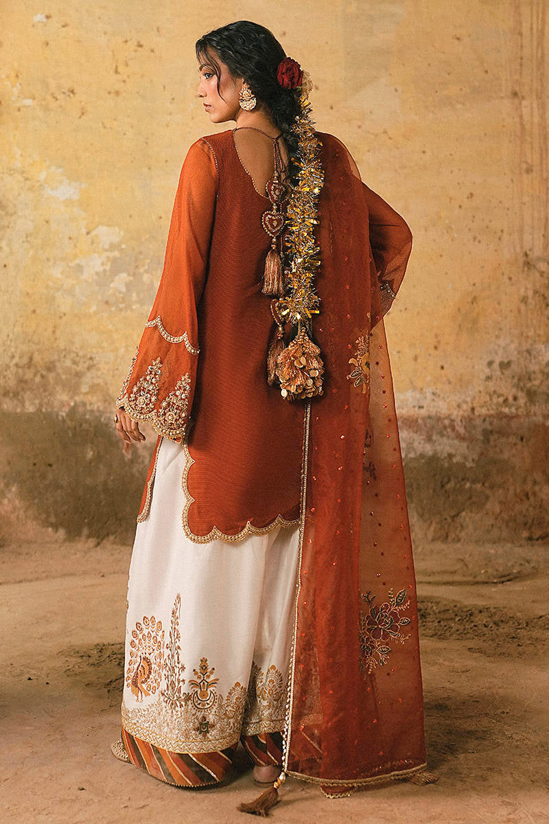Pure Raw Silk Rust Orange Embroidered Dress - WW601