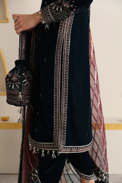 Pure Velvet Navy Blue Embroidered Dress - VC018