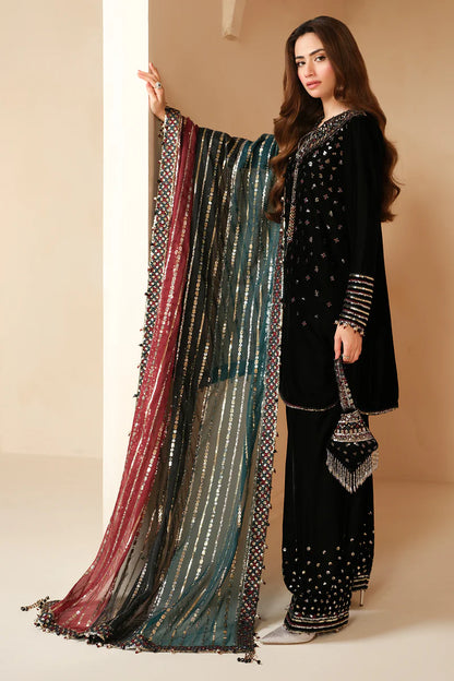 Pure Velvet Black Embroidered Dress - VC017