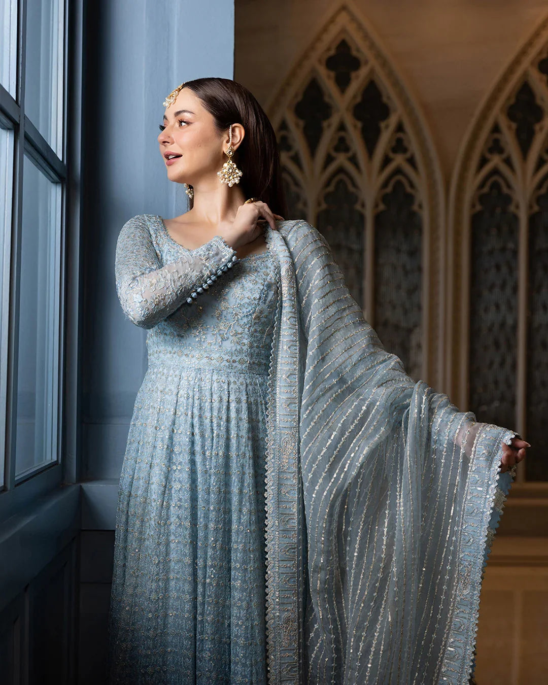 Pure Chiffon Blue Embroidered Wedding Maxi Dress - WW503