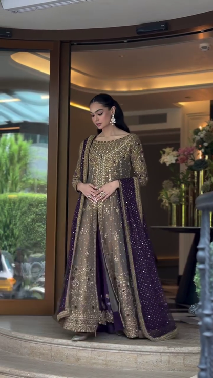 Pure Mysoori Tobacco & Purple Embroidered Dress - WW304