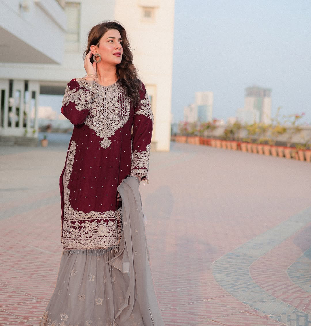Pure Velvet Mahroon Embroidered Dress - VC014