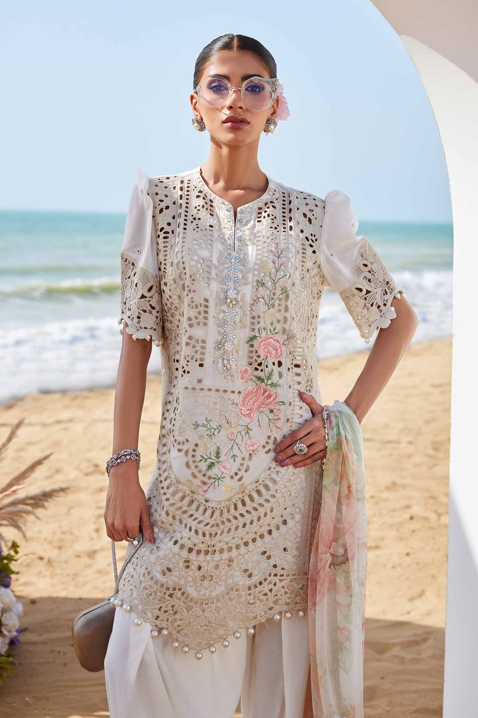 Pure Lawn Off White Chickenkari Dress - LL381