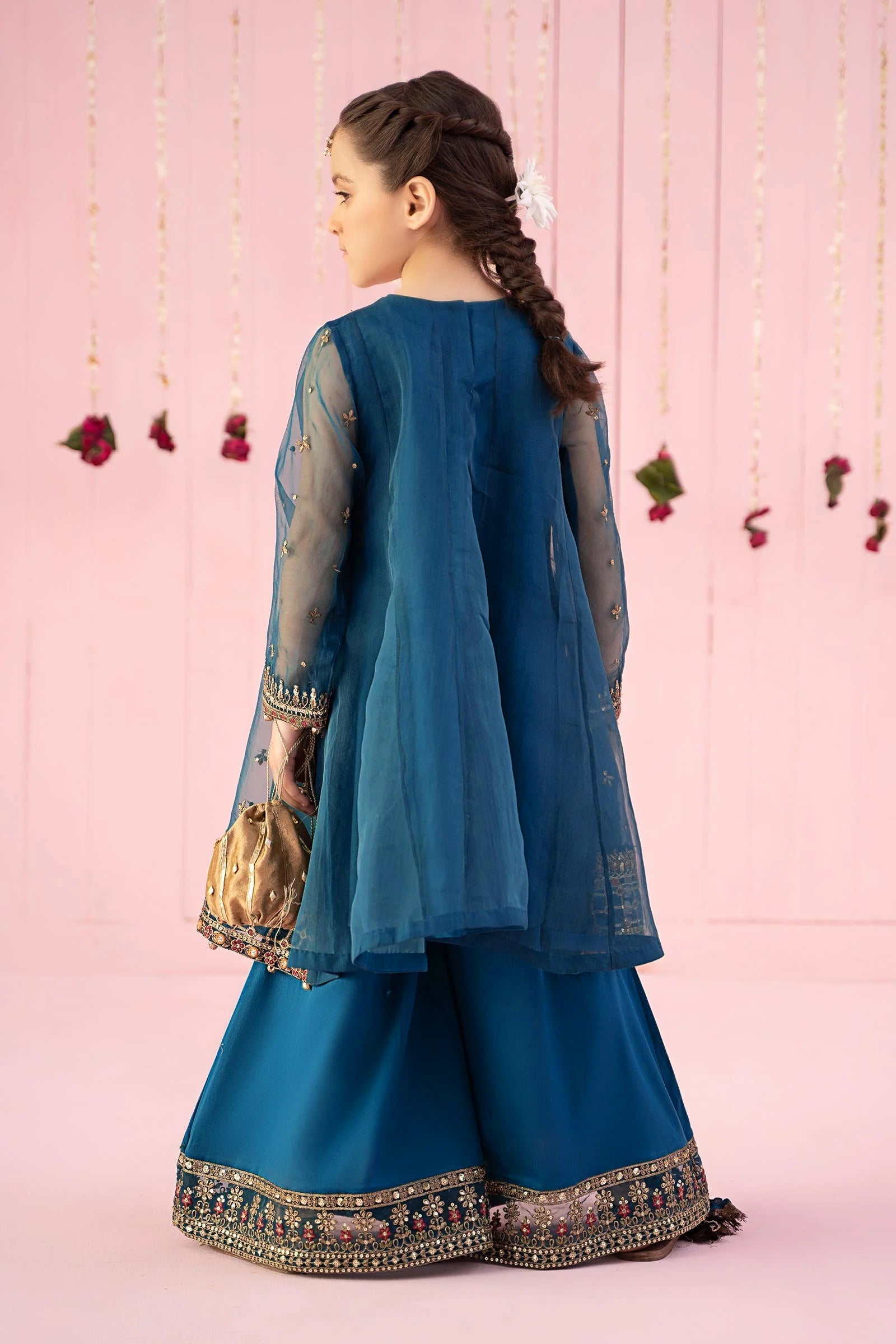 Pure Chiffon Embroidered Teal Kids Outfit - RS005