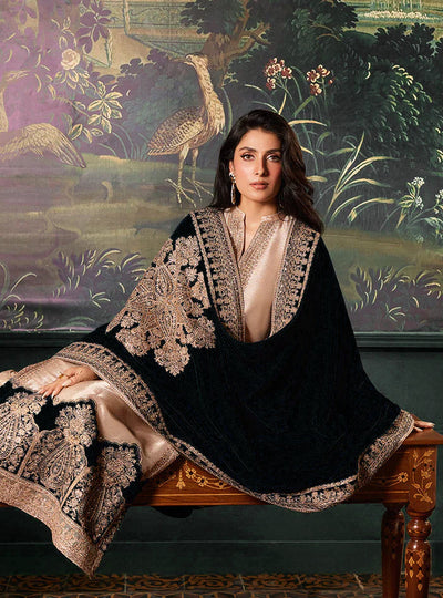 Pure Mysoori Embroidered Dress with Black Velvet Shawl - VC024