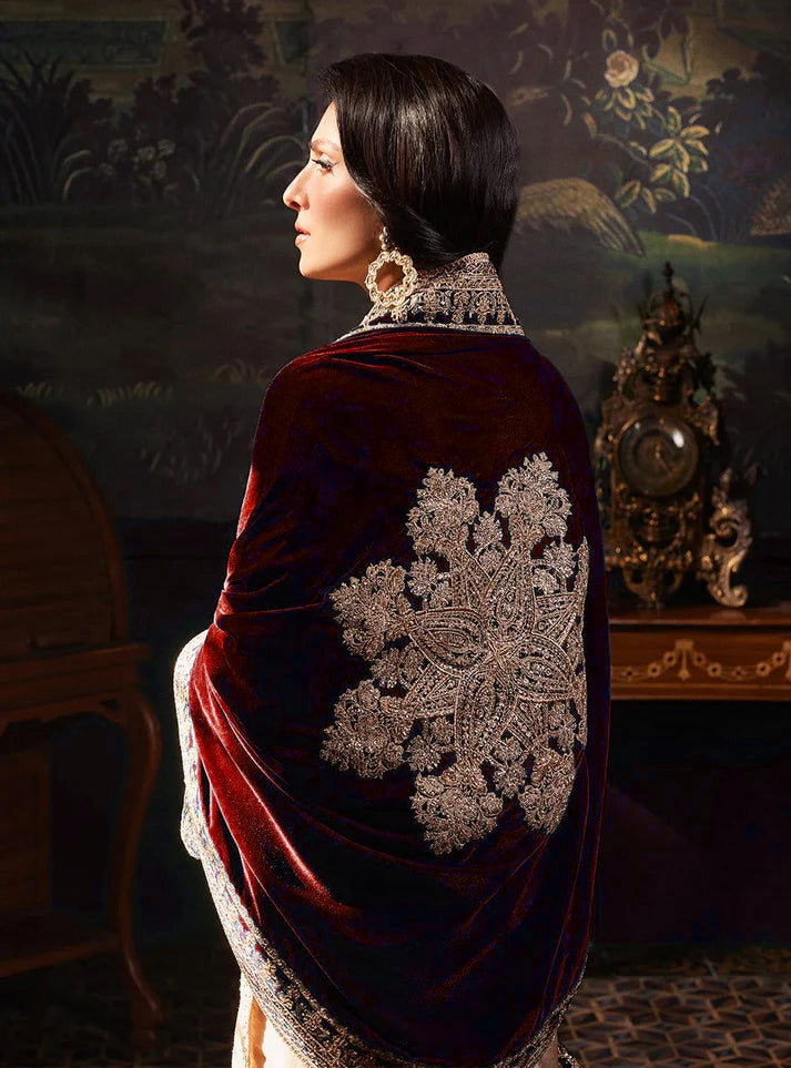 Pure Mysoori Embroidered Dress with Mahroon Velvet Shawl - VC025