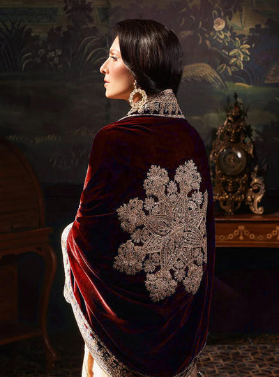 Pure Mysoori Embroidered Dress with Mahroon Velvet Shawl - VC025
