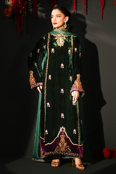 Pure Velvet Bottle Green Embroidered Dress - VC026