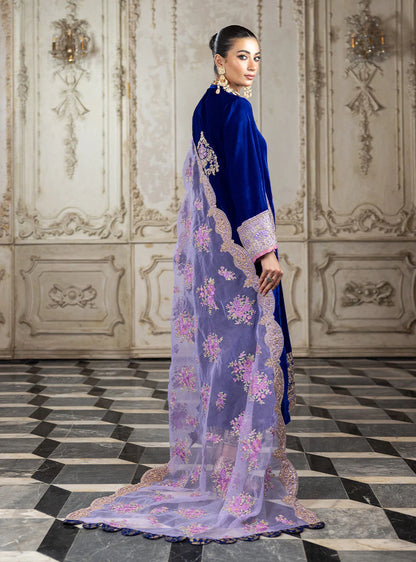 Pure Velvet Royal Blue Embroidered Dress With Hand Bag - VC018