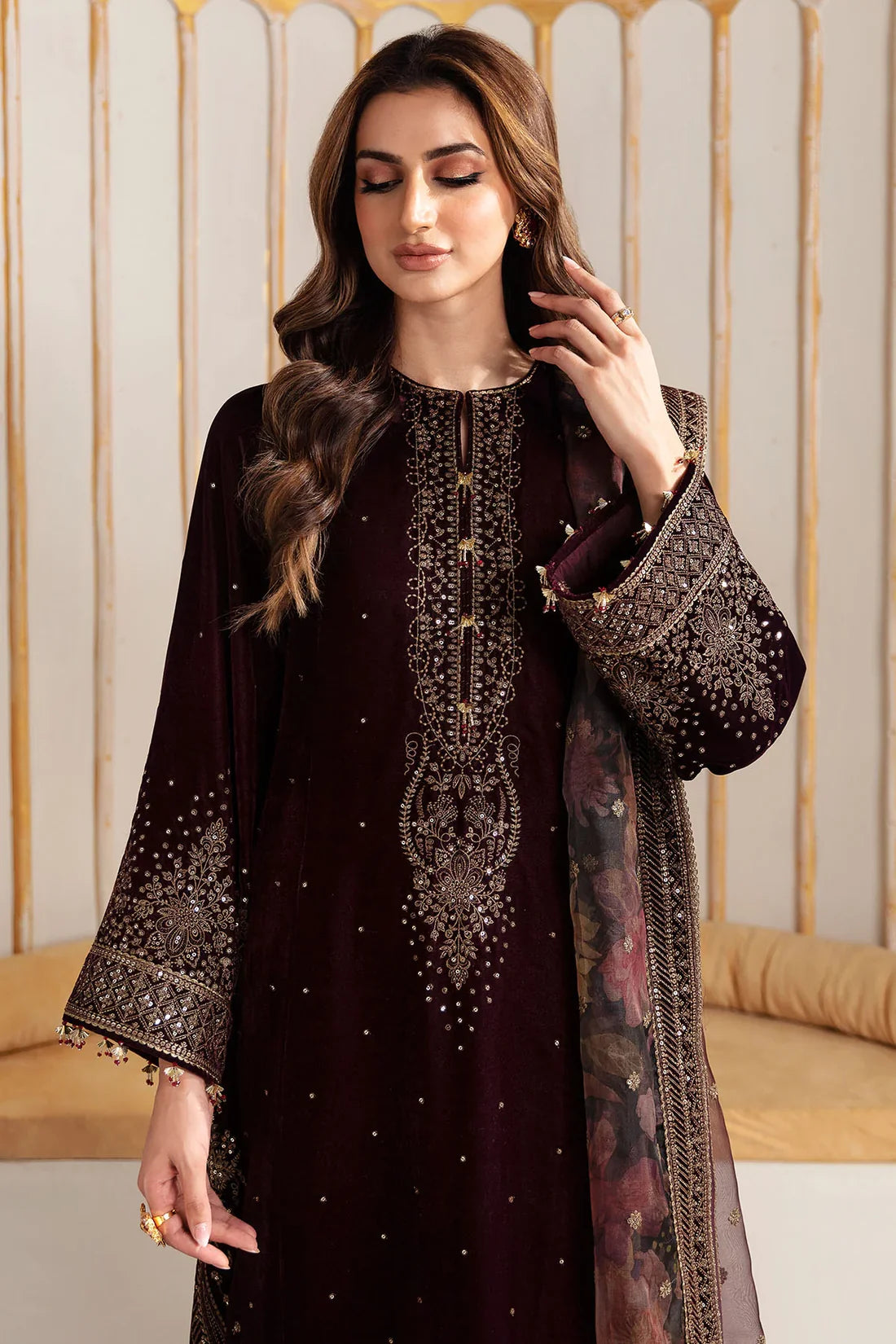Pure Velvet Mahroon Embroidered Dress - VC023