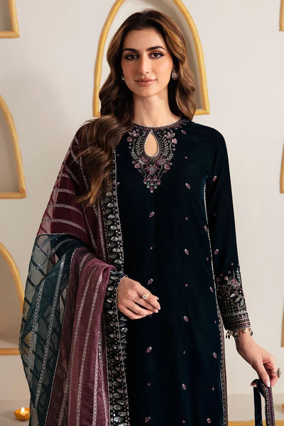 Pure Velvet Navy Blue Embroidered Dress - VC018