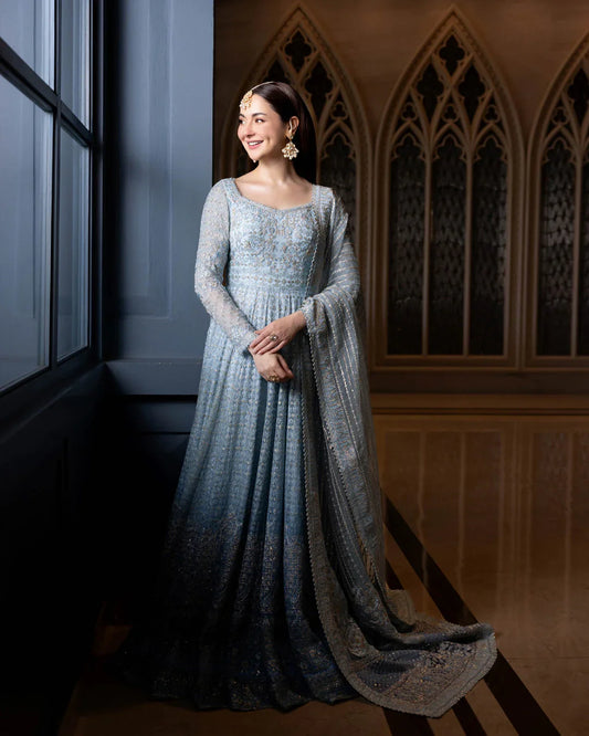 Pure Chiffon Blue Embroidered Wedding Maxi Dress - WW503