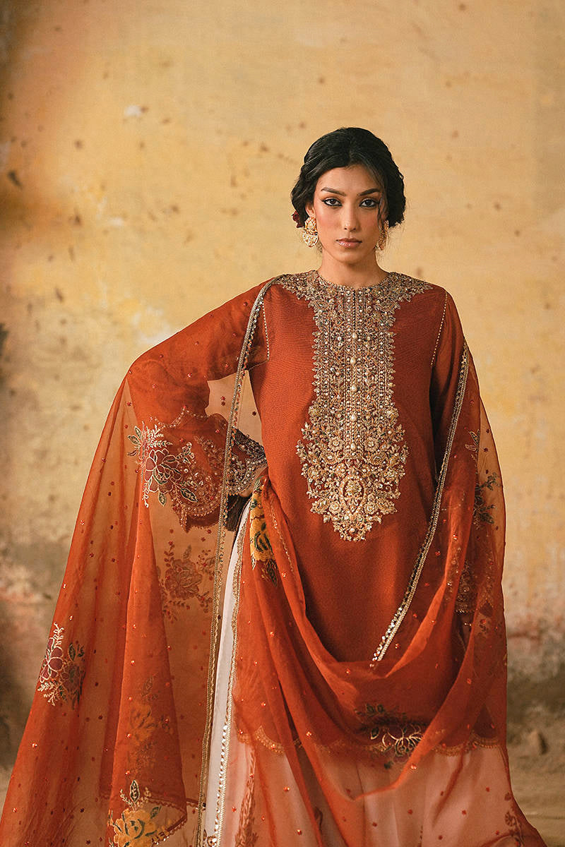Pure Raw Silk Rust Orange Embroidered Dress - WW601