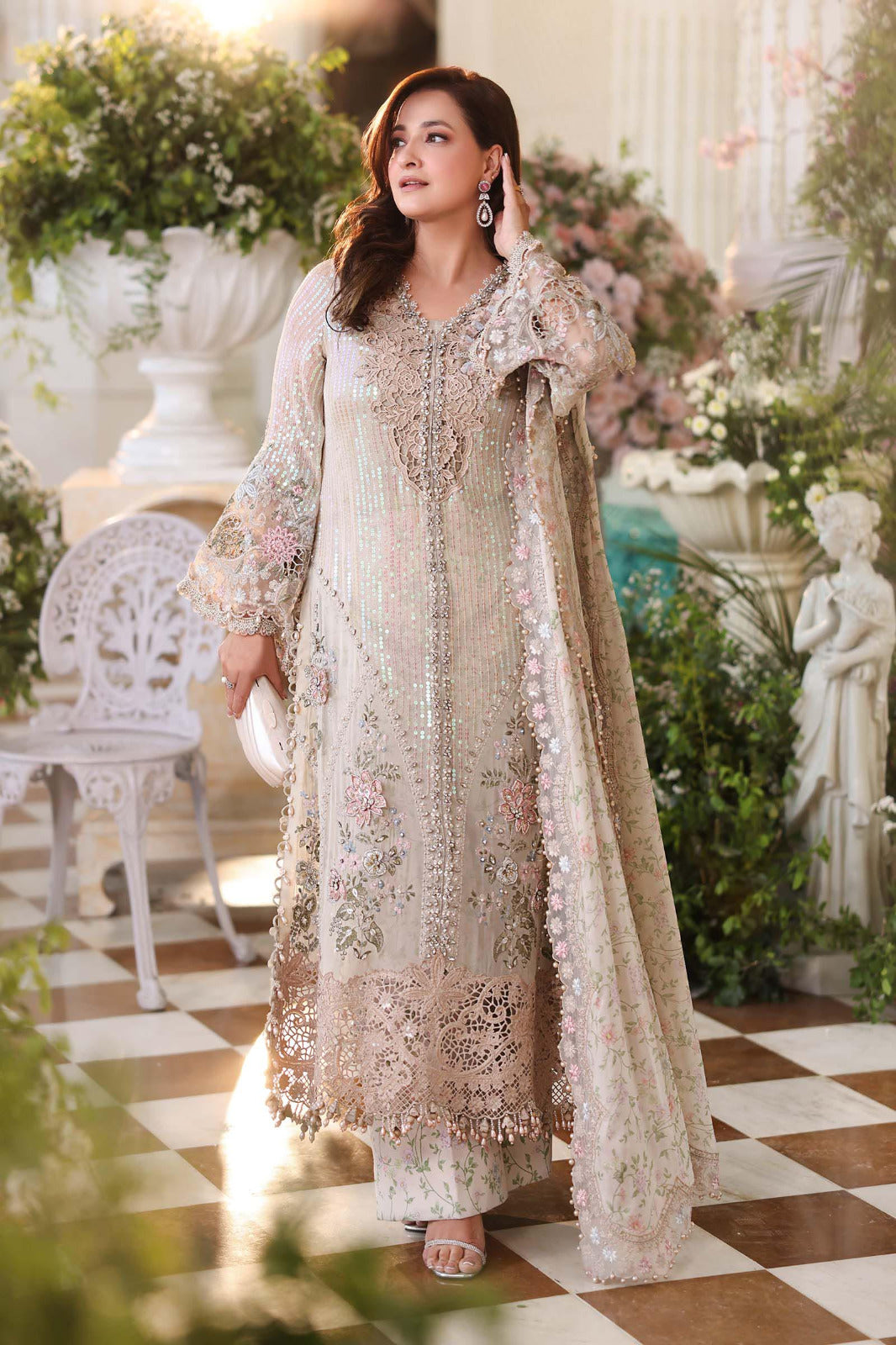 Pure Chiffon Beige Embroidered Wedding Dress - WW506