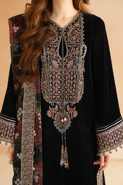 Pure Velvet Black Embroidered Dress with Hand Bag - VC015