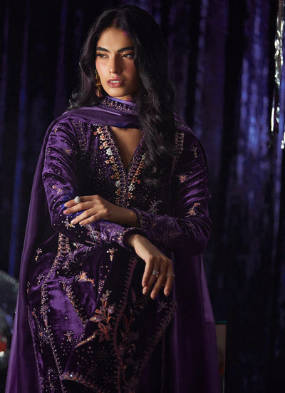 Pure Velvet Purple Embroidered Dress - VC027