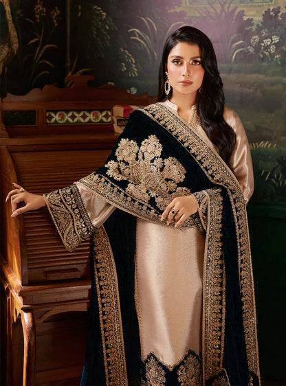 Pure Mysoori Embroidered Dress with Black Velvet Shawl - VC024
