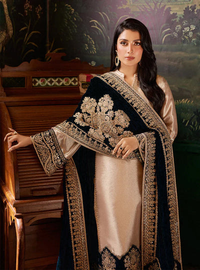 Pure Mysoori Embroidered Dress with Black Velvet Shawl - VC024