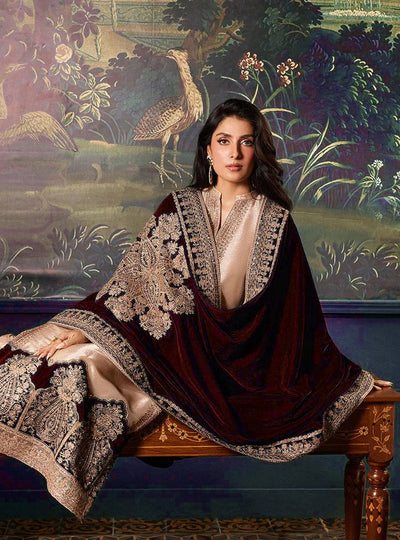 Pure Mysoori Embroidered Dress with Mahroon Velvet Shawl - VC025