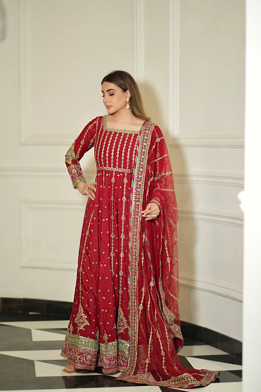 Pure Chiffon Red Embroidered Maxi Dress - WW308