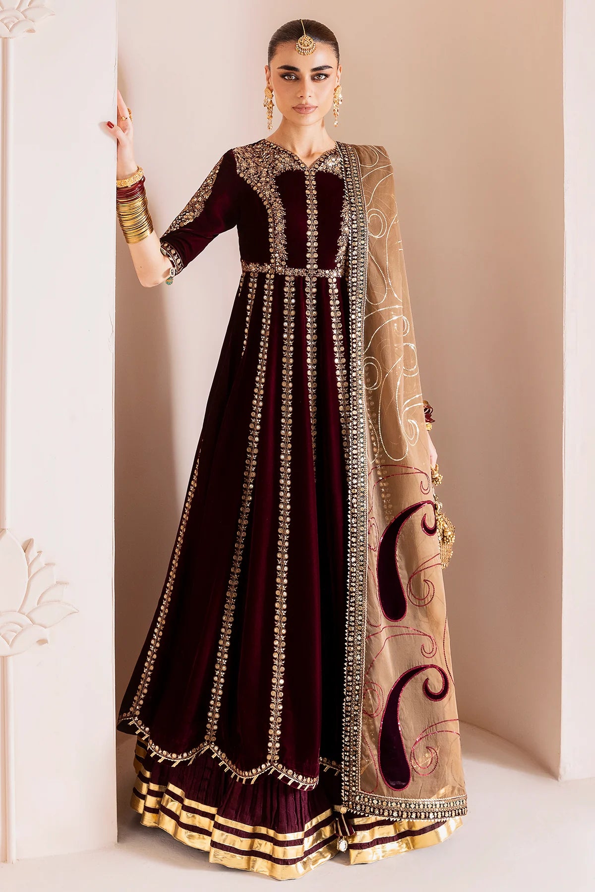 Pure Velvet Mahroon Embroidered Maxi Dress With Hand Bag - VC019