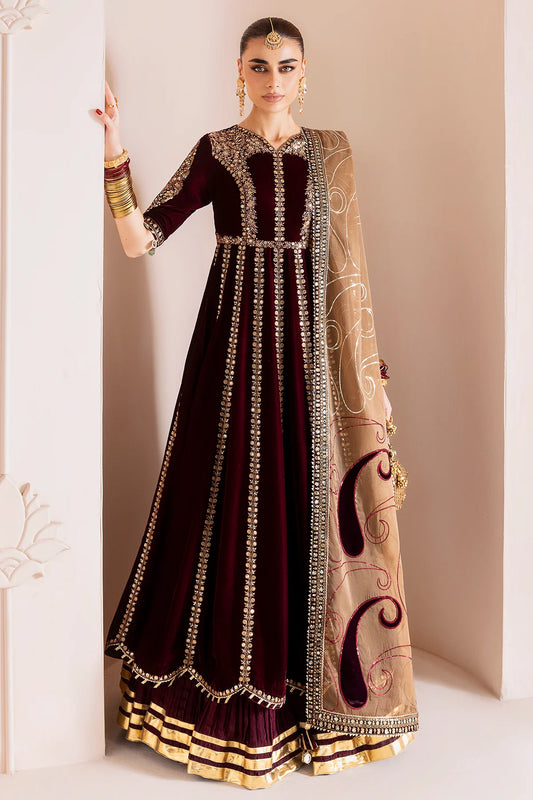 Pure Velvet Mahroon Embroidered Maxi Dress With Hand Bag - VC019