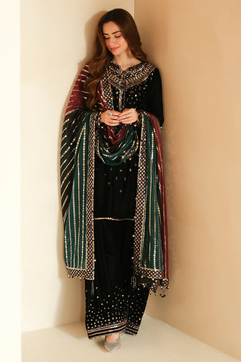Pure Velvet Black Embroidered Dress - VC017