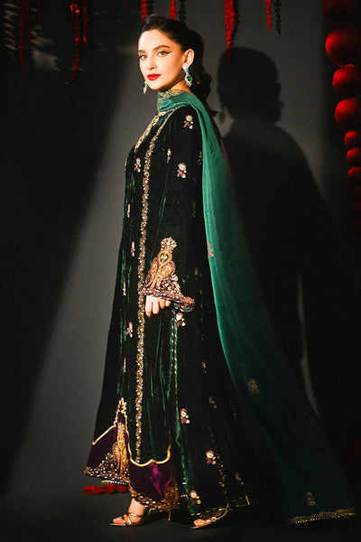 Pure Velvet Bottle Green Embroidered Dress - VC026
